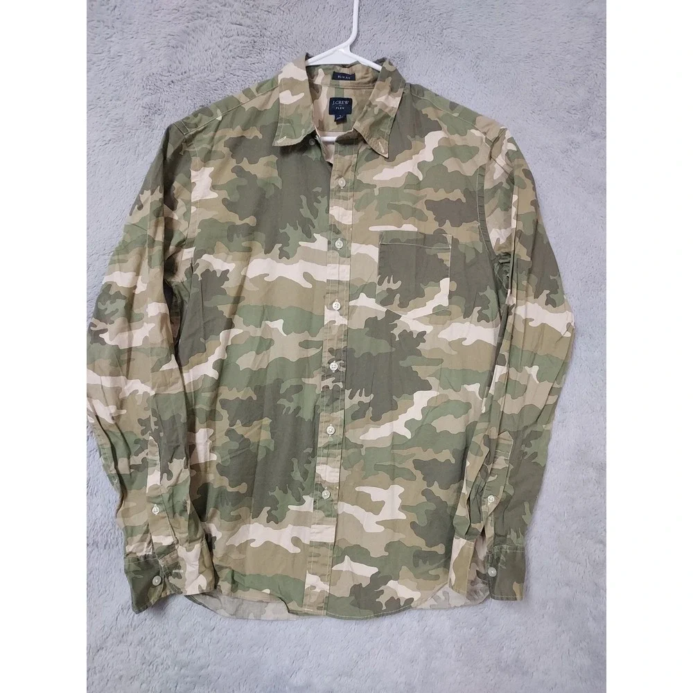 J Crew Shirt Mens Large Slim Fit Flex Camo Green Stretch Oxford Green Hunting L
